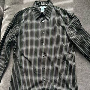 Gene Meyer black button down dress shirt with multi colored vertical stripes